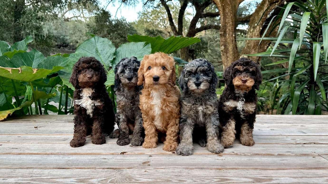 Medli's second litter: five Bernedoodle puppies sitting together on the deck